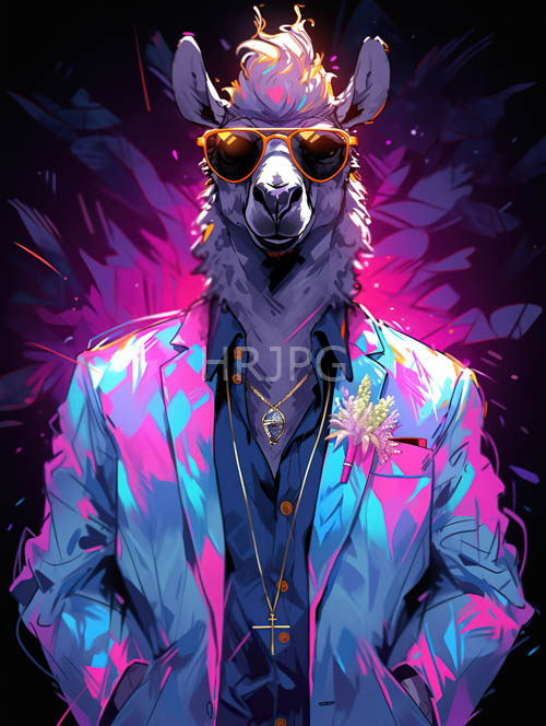 llama confronts deep purple hues against inky black background with mischievous glint