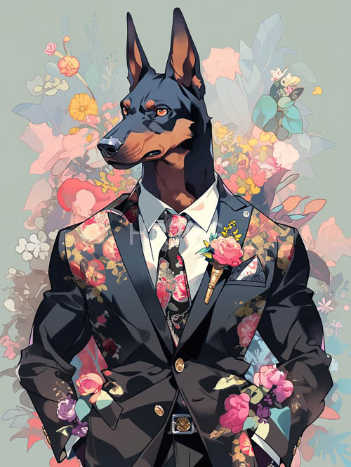 formal doberman in elegant black suit with whimsical floral embroidery and pastel background