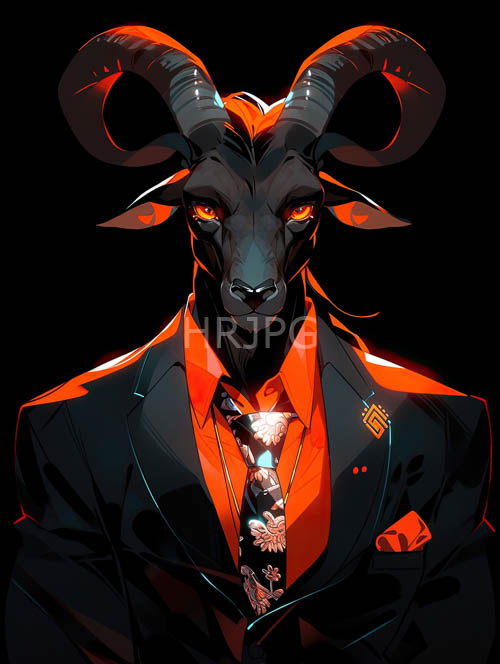 anthropomorphic goat displaying majestic horns and intricate patterns in sharp lighting