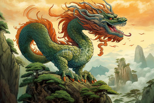 dragon dominates rocky cliff with fiery orange mane amidst sunsets flickering light