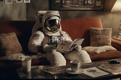 astronauts leisure time amidst sterile hightech spacesuit and plush orange couch