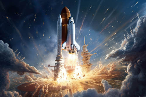 rocket engines illuminate launchpad with intense orange glow amidst fiery plumes and starstudded clouds
