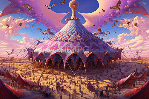 intricately patterned fabric envelops pyramidshaped tent amidst vibrant embroidered banners