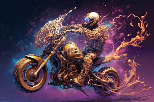 anthropomorphic leopards armor glimmers as it rides hightech motorcycle through cosmic vortex