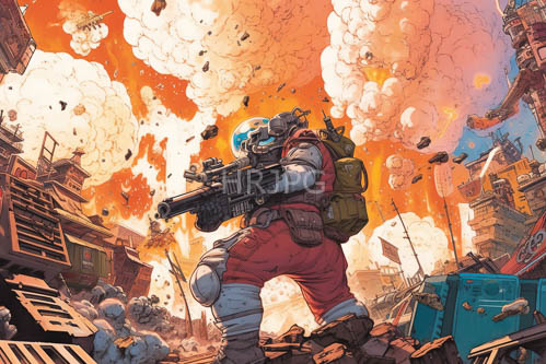 astronaut navigates pockmarked terrain amidst catastrophic aftermath of cataclysmic event on ravaged planet