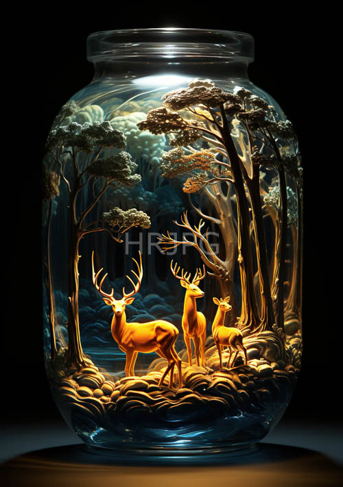High Resolution: Intricately Detailed Glass Jars Containing Golden Sculpted Deer in Stylized Forest Settings download. | HRJPG.com