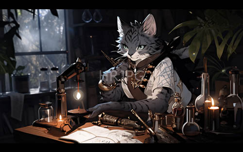 graystriped cat navigates intricate lines on worn wooden desk amidst green depths