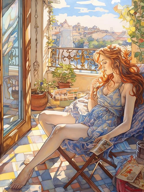 flickering sunlight dances across terracotta tiles beside a woman with fiery locks