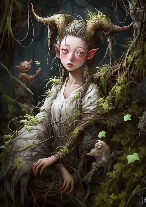 tangled foliage clings to elflike girls tattered white robes amidst dense forest foliage dappled light