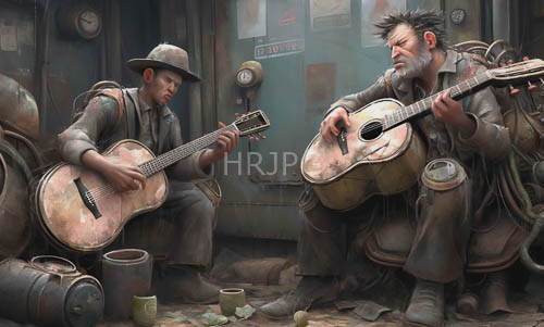 weathered musicians amidst worn wooden floorboards and rusted machinery