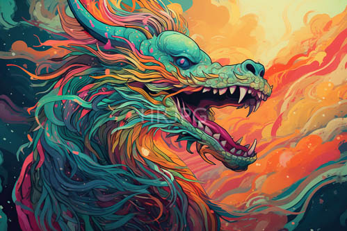 dragons majestic display of iridescent scales amidst fiery orange tones and swirling clouds