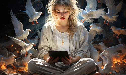 dancing light illuminates wavy hair on stone floor amidst crackling embers and doves in motion