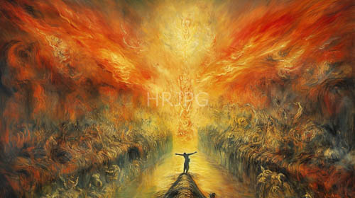 erupting landscape of crimson and amber flames and towering molten rock formations