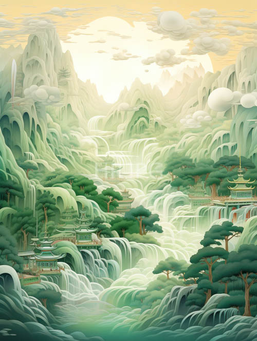 High Resolution: Emerald Peaks Shrouded in Turquoise Mist with Ancient Wooden Pagodas and Cascading Waterfalls download. | HRJPG.com