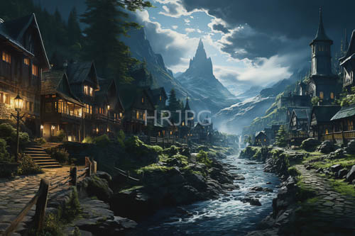 mountain village under frosty starlight amidst ancient wooden bridges and church steeples