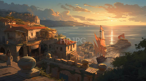 mediterranean coastal town with weathered terracotta buildings and intricately carved stone balconies under fading light