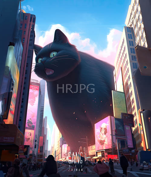 urban jungle of kaleidoscopic colors and towering feline presence unfolds amidst orangehued skyscrapers
