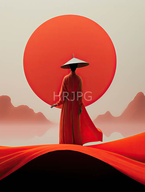 asian figure draped in crimson fabric amidst misty mountains and orange sunlight