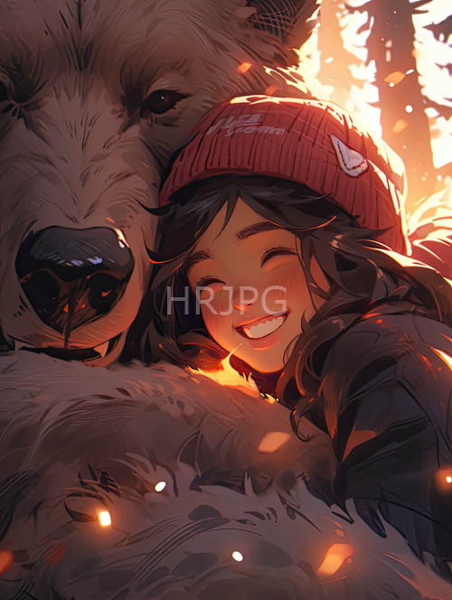 sunlit forest encounter with asian girl and wolf amidst ancient trees