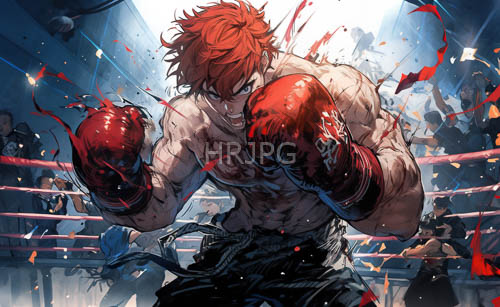 muscular boxer poses in midpunch stance amidst ring lights and shadows