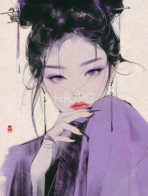 east asian woman amidst intricate updo in lavender hues and worn wood