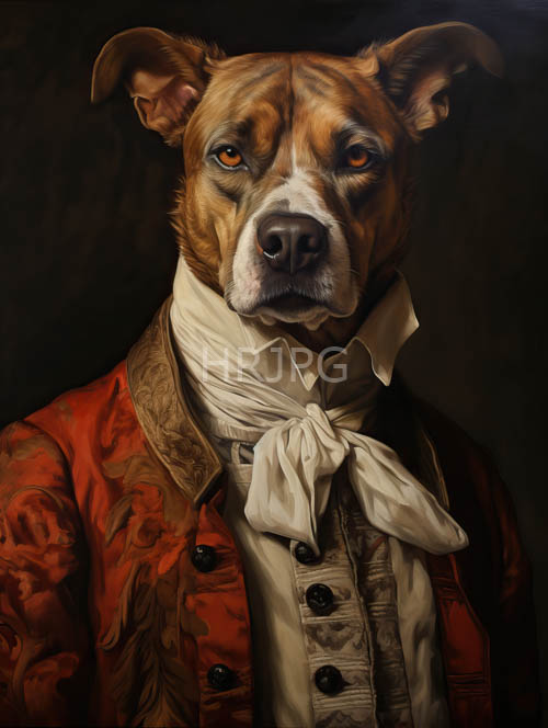 regal canine form embroidered jacket cascades down dark background amidst faint light reflections