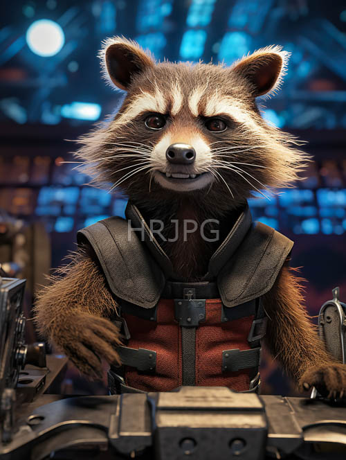 rugged armored raccoon amidst blurred blue light gradient and metallic sheen