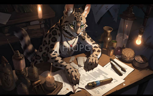 leopards quill delicately traces ink on leatherbound tomes in flickering candlelight