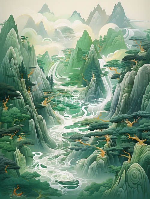 peaks carved by ancient rivers weave intricate patterns on mornings of fresh dew and lush greens
