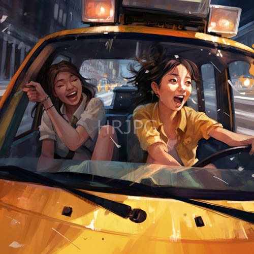taxi lights illuminate city streets casting contrasting colors on young womens reflections