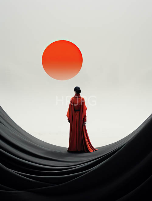 traditional red kimono billows across monochromatic backdrop amidst crimson folds rippling with each movement