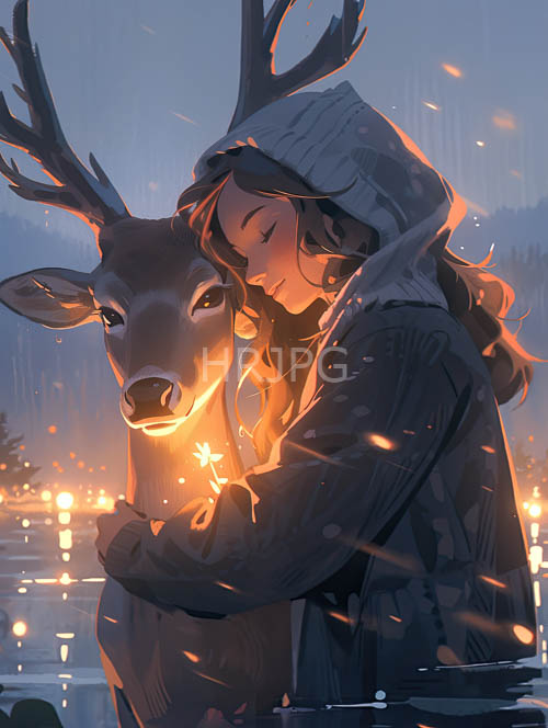 High Resolution: Majestic deer and hooded figure amidst evening mist and candlelight reflections on tranquil lake download. | HRJPG.com