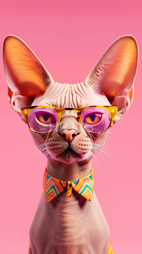 sphynx cat takes center stage amidst angular pink background hues and wrinkled skin texture