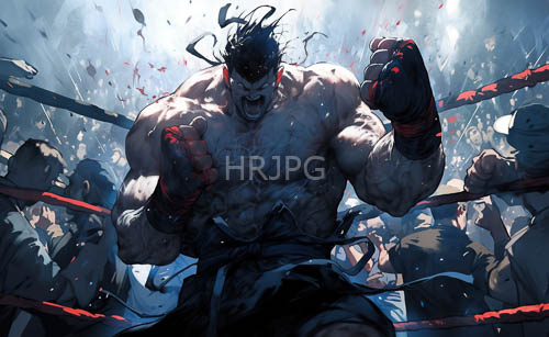 boxer unleashes flurry of punches on opponent in realistic scenery with glistening sweat and crimsonstained gloves