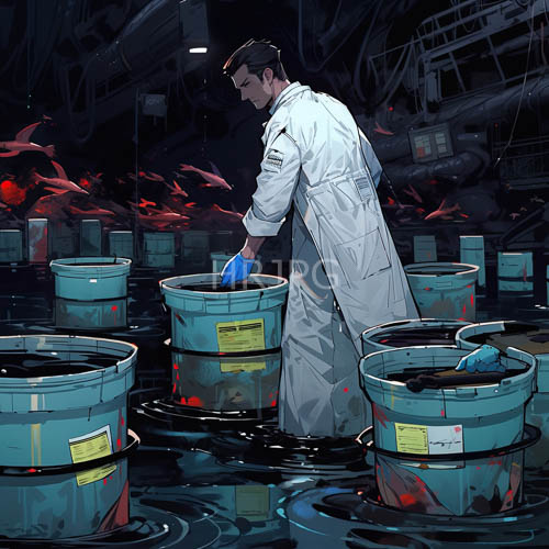 High Resolution: Industrial Sanitation Technician Inspects Equipment in Dimly Lit Laboratory Setting Amidst Rusted Metal Containers download. | HRJPG.com
