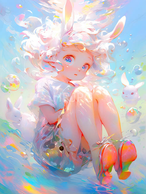 animestyle childs cascading hair and iridescent bubbles in underwater environment with vibrant pastel hues