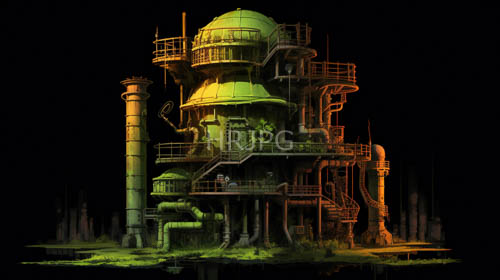 metallic labyrinth of interconnected domes and steel pipe networks unfurls in flickering ethereal light