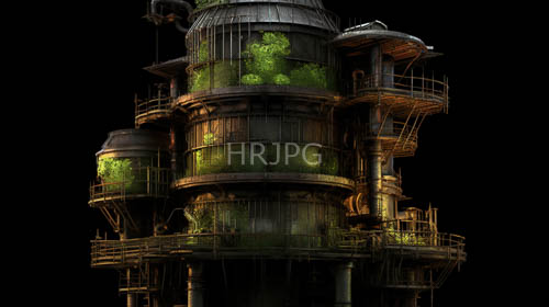 industrial tower of interconnected metal railings and mossy expanse under green light