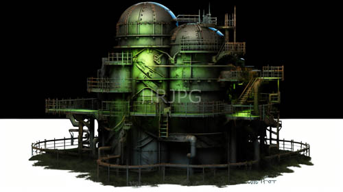 industrial steel behemoths encased in gleaming greenishblue domed tanks rise high above stark white grounds