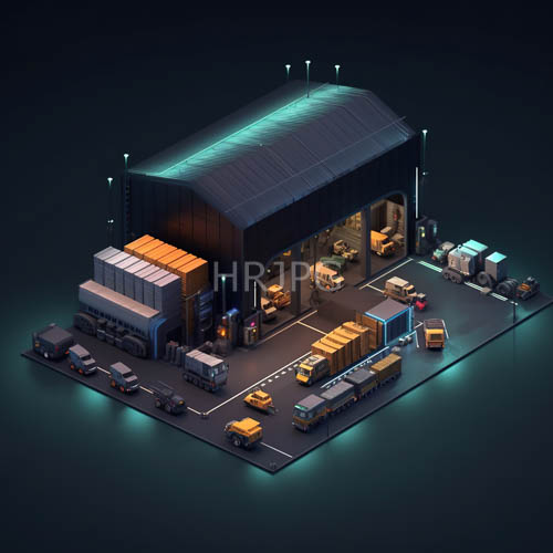 High Resolution: Massive Modern Warehouse Dominates Adjacent Buildings with Dark Edges Illuminating Night Sky download. | HRJPG.com