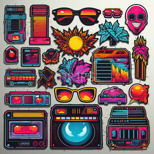 retrofuturistic objects converge on light gray background with kaleidoscope of hues