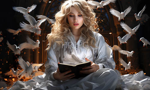 High Resolution: Candlelight Dances Across Ethereal Blonde Hair Amidst Flocking Doves in Ancient Cathedral Setting download. | HRJPG.com