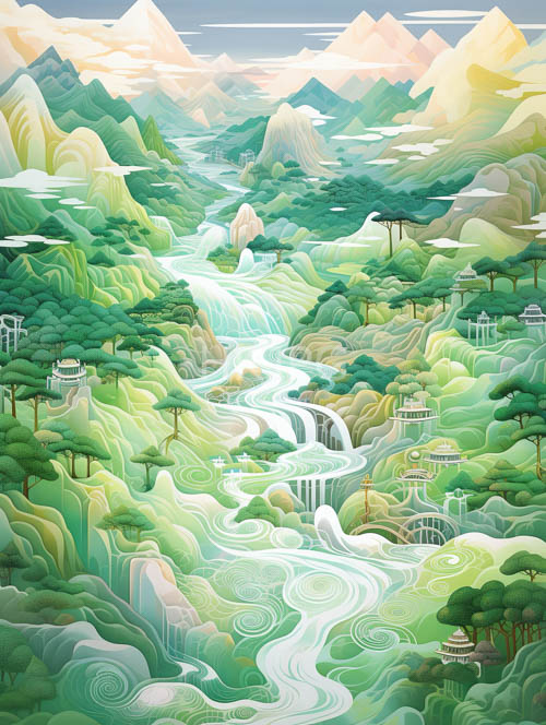 lush mountains shrouded in misty veils as rivers twist through valleys of ancient stone