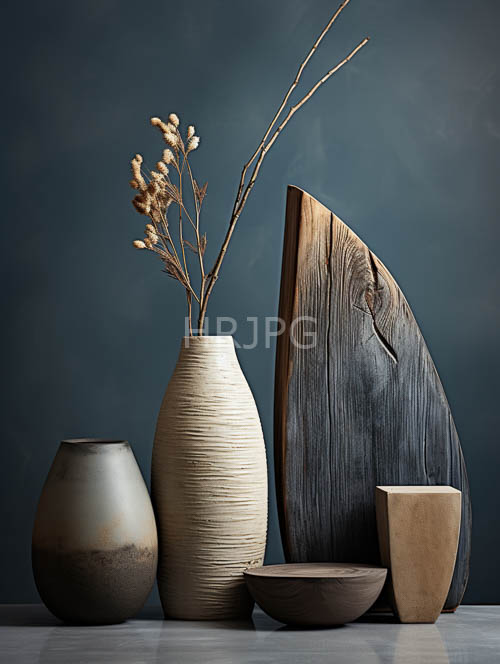 ecclectic assortment of objects amidst textured beige vase and rustic dried grass