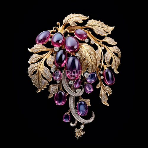 elaborate gold brooch set against deep inky black background unfurls intricate foliage