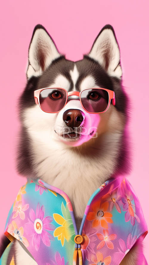 High Resolution: Siberian Husky majestically displays intricate kimono draped against monochromatic fur download. | HRJPG.com