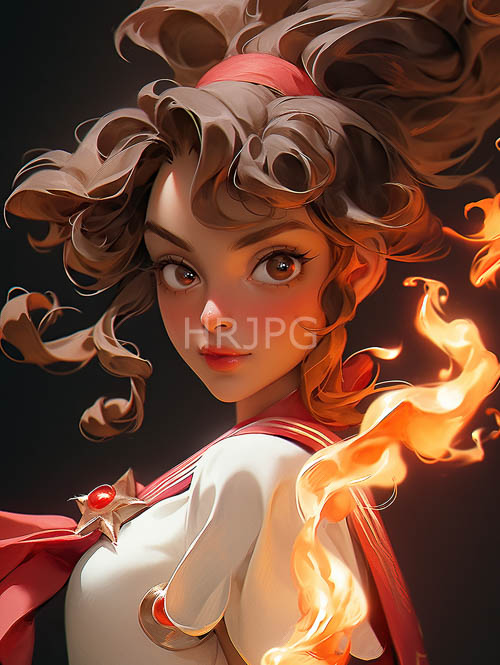 animeinspired young woman emerging from luminous orange flames amidst starry embroidery