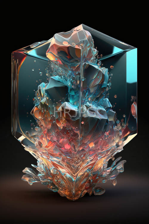 crystal refractions and geometric whirlpools in transparent glass container