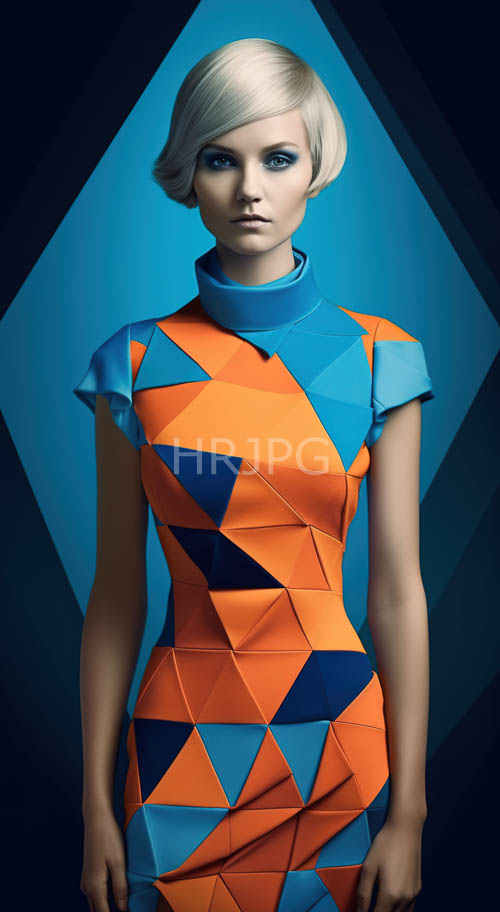 lightskinned woman poised against deep blue diamondshaped backdrop with intricate geometric patterns