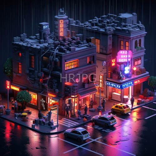 urban nightlife unfolds amidst neon hues and rainsoaked streets